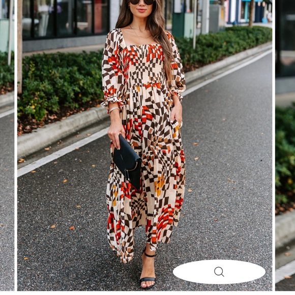 Fate Printed Pocketed Smocked Midi Dress Brown Multi Puffy Sleeves Square Neck M - Picture 7 of 16